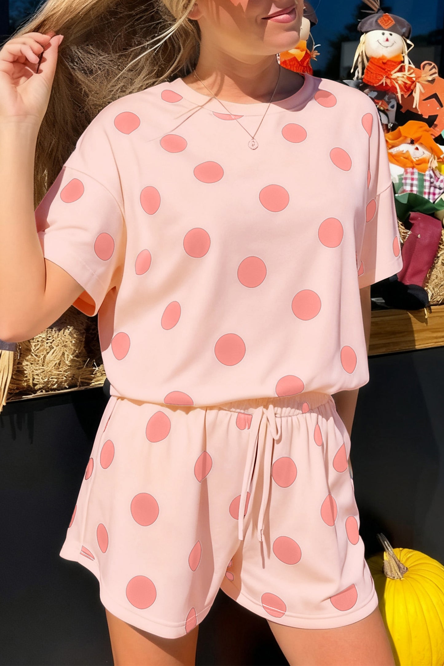 Polka Dot Drop Shoulder Tee & Drawstring Shorts Set
