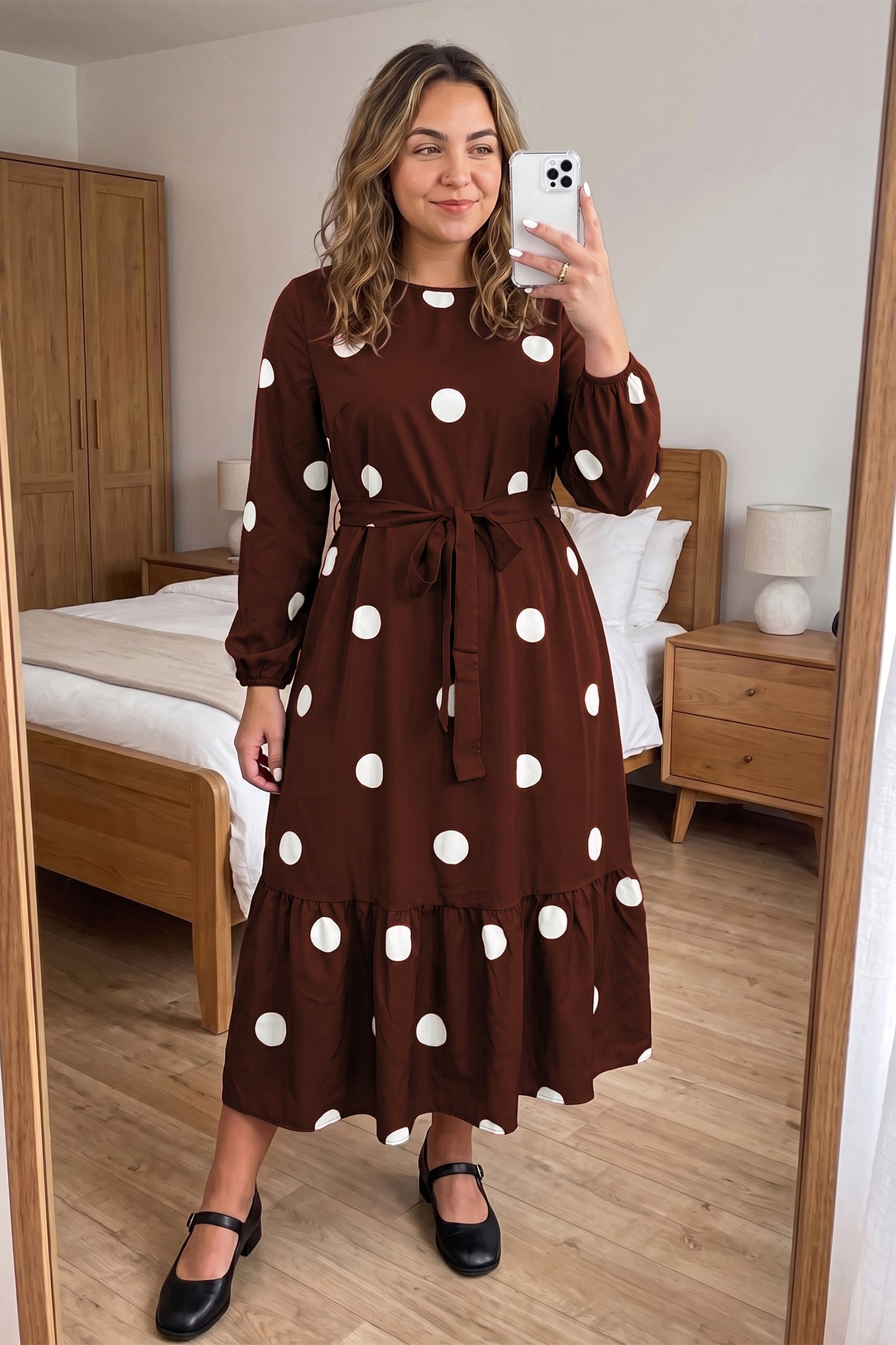 Plus Size Polka Dot Tie Waist Midi Dress Women 1X to 4X