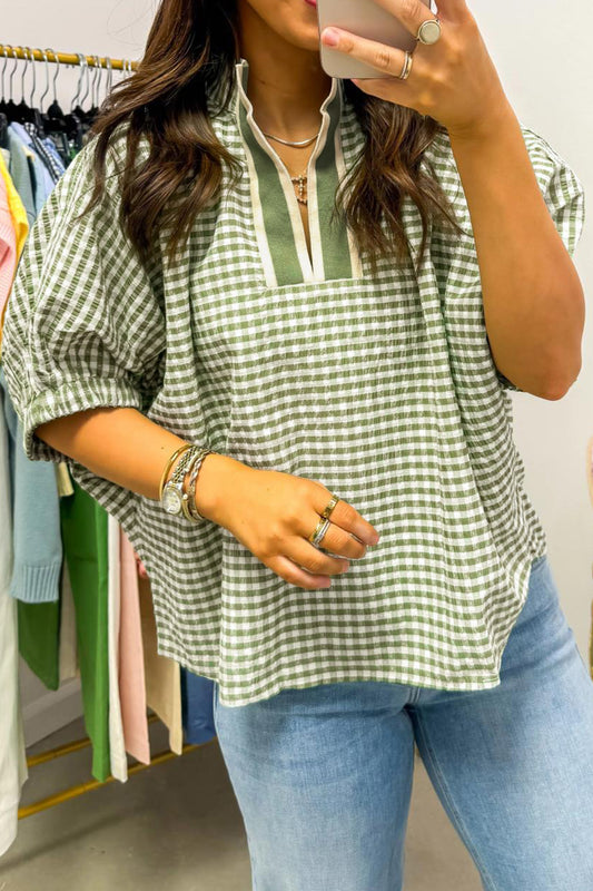 Plaid Short Sleeve Colorblock Blouse Women S–XL