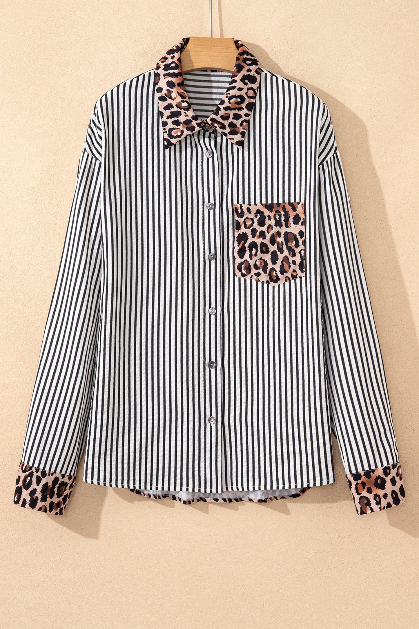 Striped Leopard Print Patchwork Button-Up Shirt