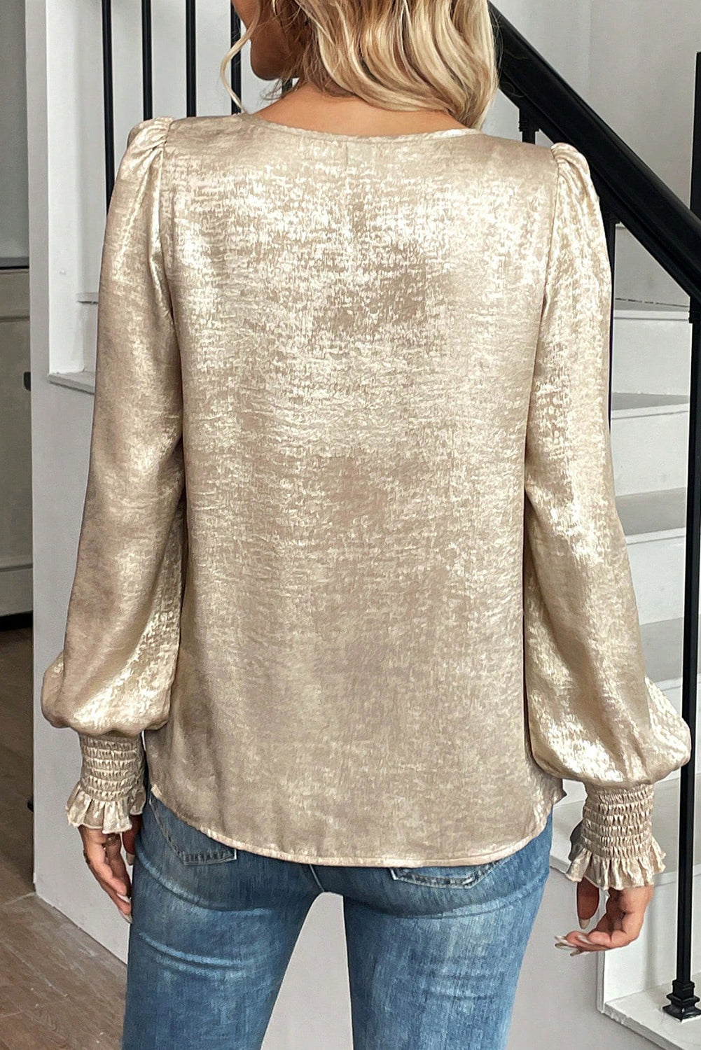 Metallic Shimmer Smocked Balloon Sleeve Blouse