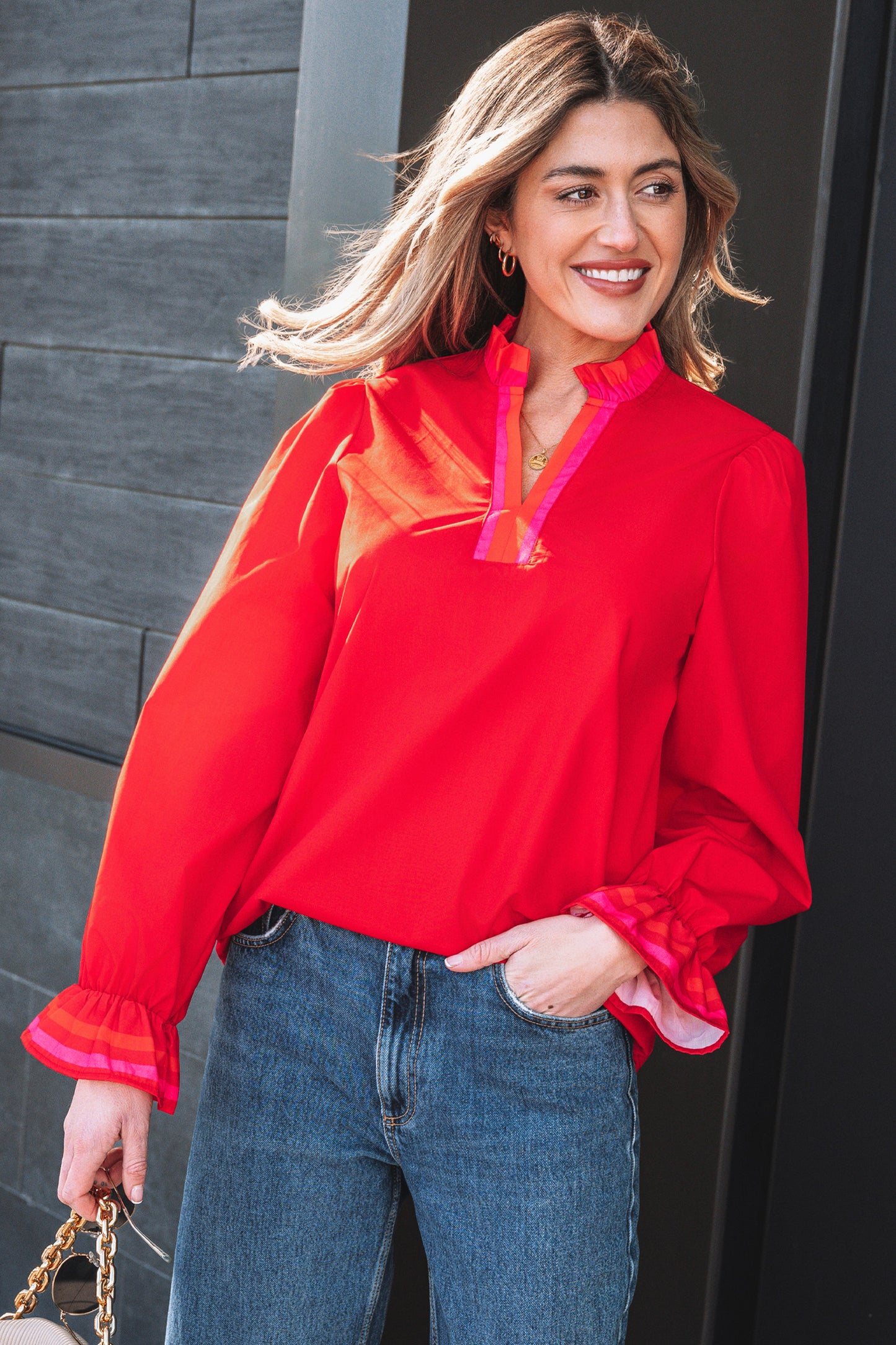 Striped Trim Ruffle Split Neck Long Sleeve Blouse | Red