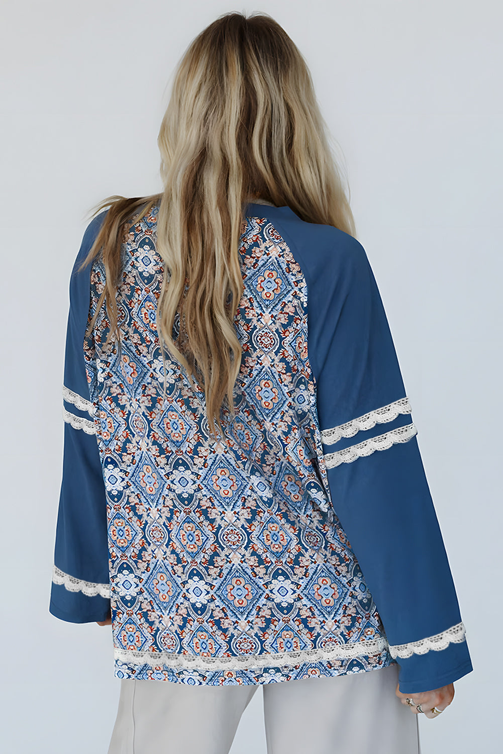 Blue Geometric Print Ric-Rac Lace Patchwork Raglan Long Sleeve Top – Women's Boho Western Pullover (S–XL)