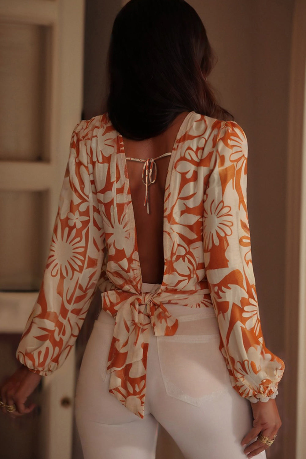 Orange Floral Print Knotted Open Back Self-Tie Long Sleeve Blouse