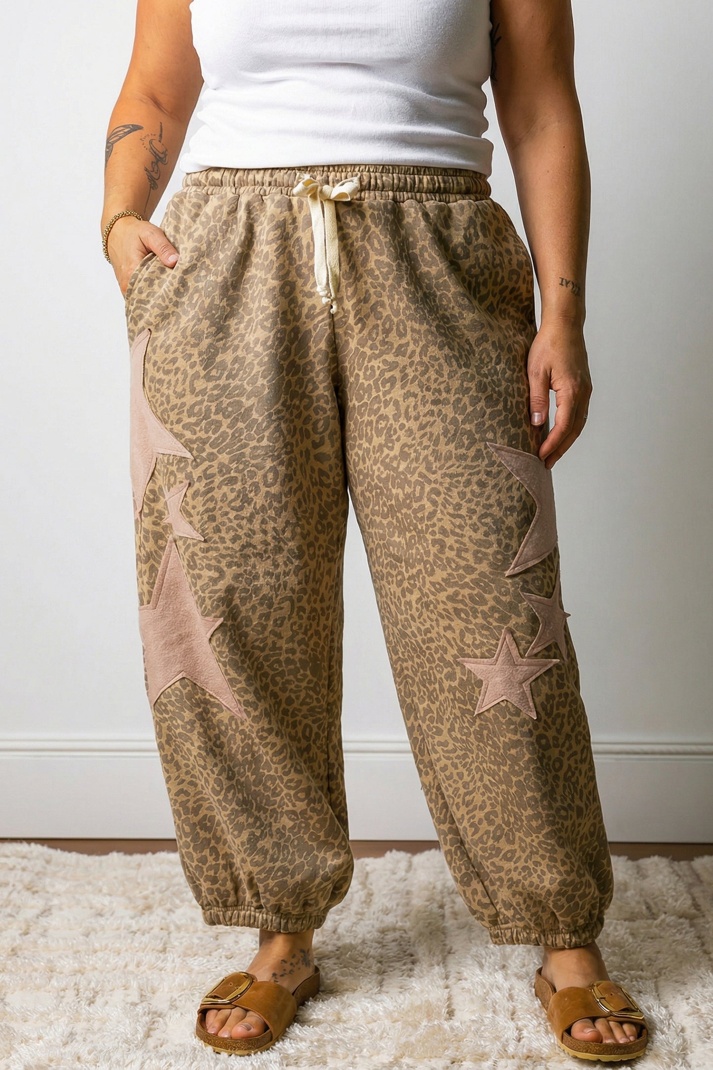 Plus Size Leopard Star Patch Jogger Pants Women 1X–4X