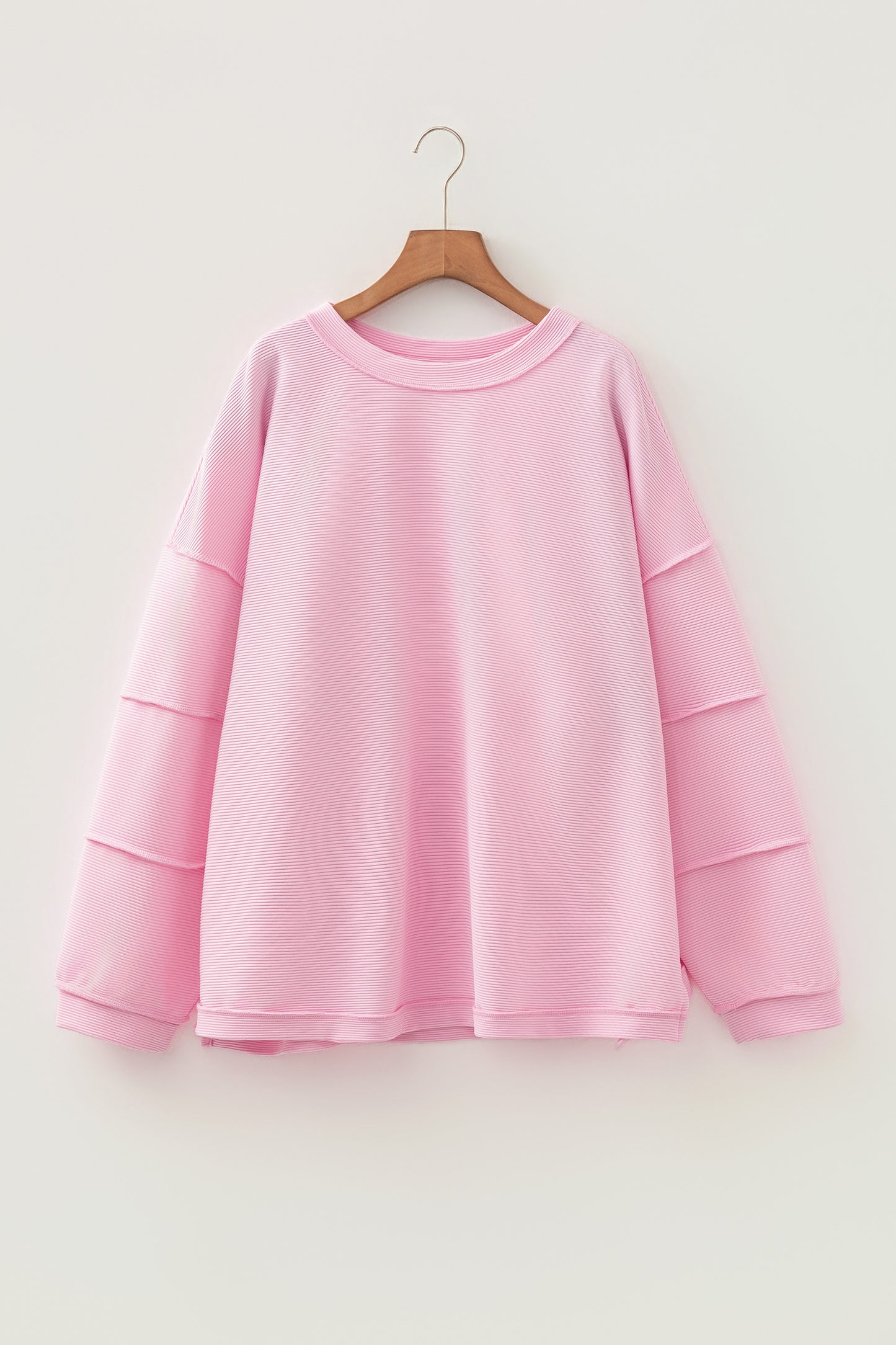 Plus Size Pink Ribbed Drop Shoulder Long Sleeve Top Women 1X–4X