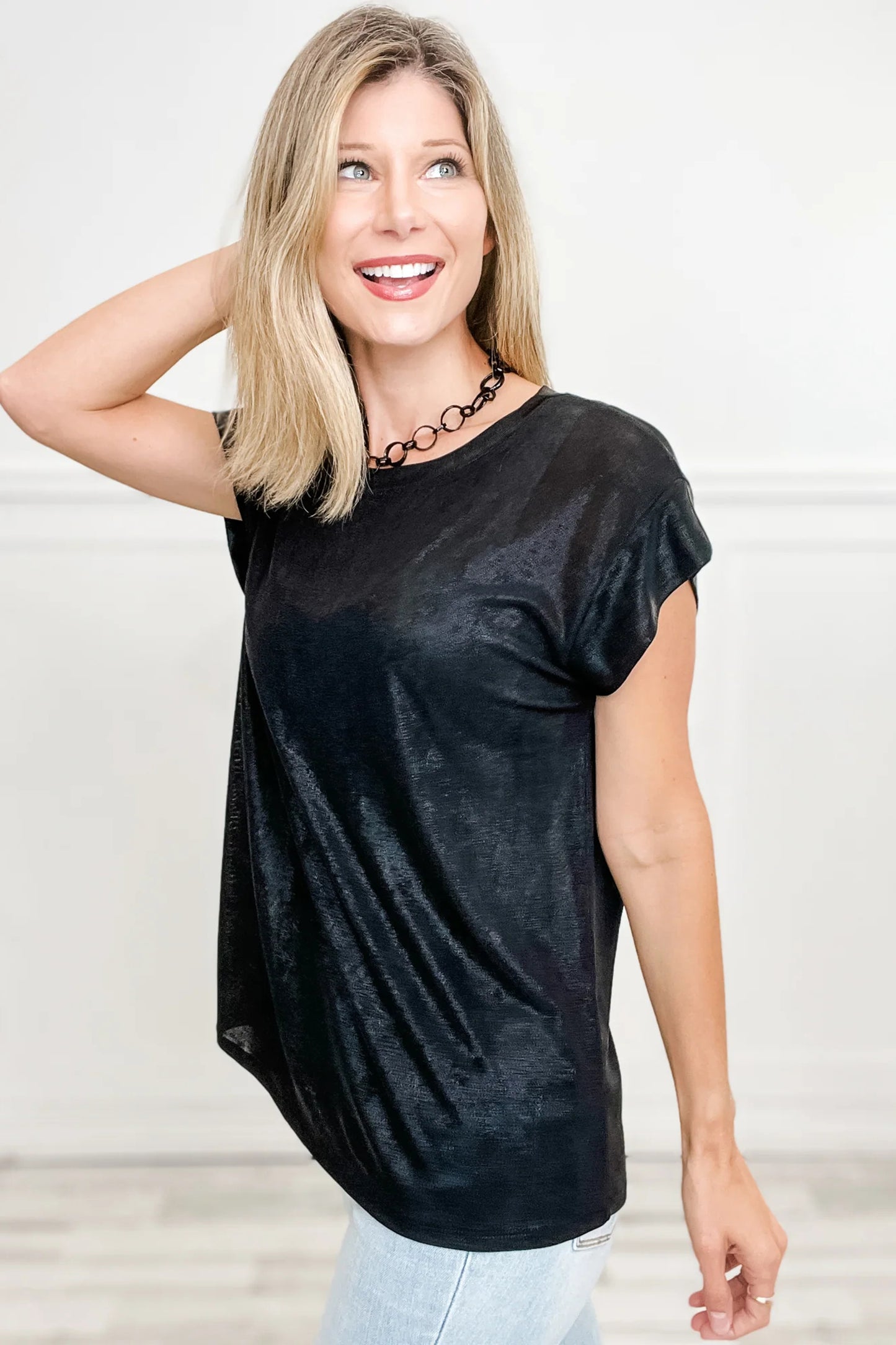 Metallic Round Neck Cap Sleeve Tee