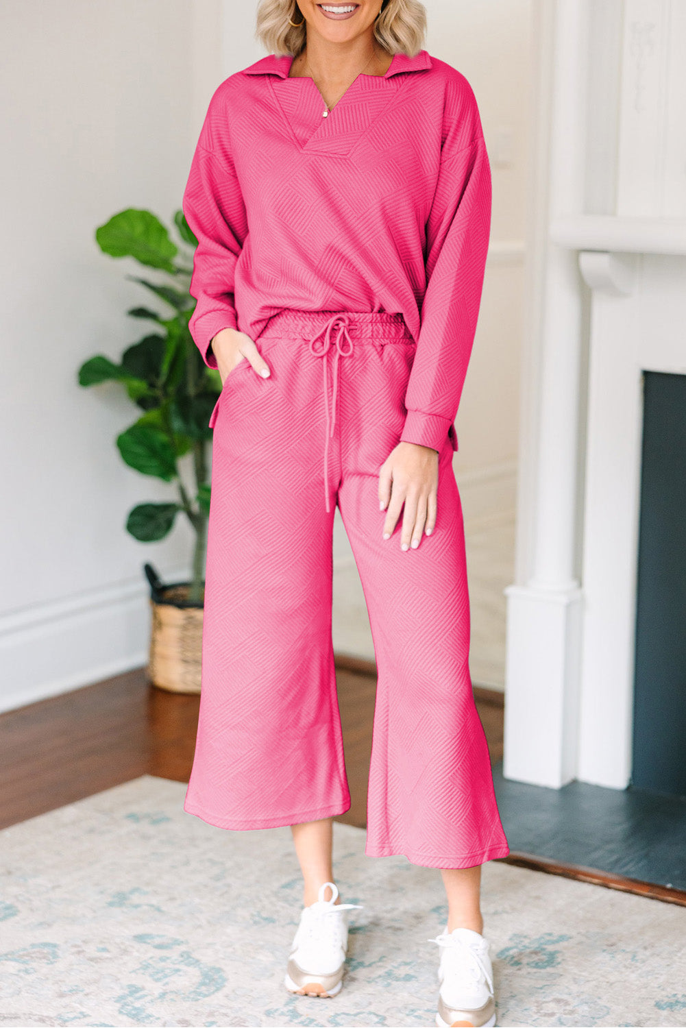 Textured V-Neck Collared Top Ankle-Length Wide Leg Pants Set