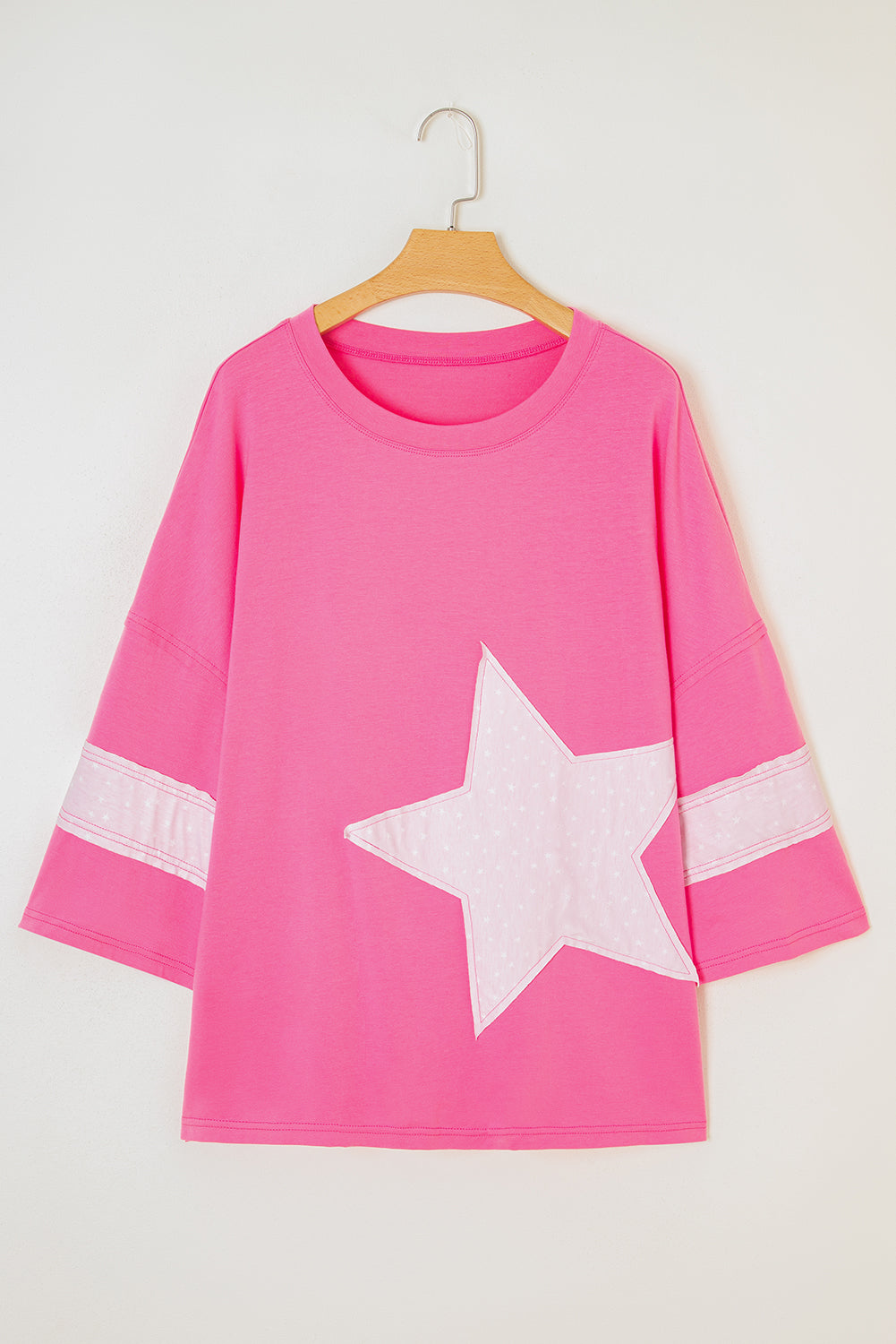 Star Patch Colorblock Raw Edge Loose Tee | Plus Size | Pink | 1X–4X