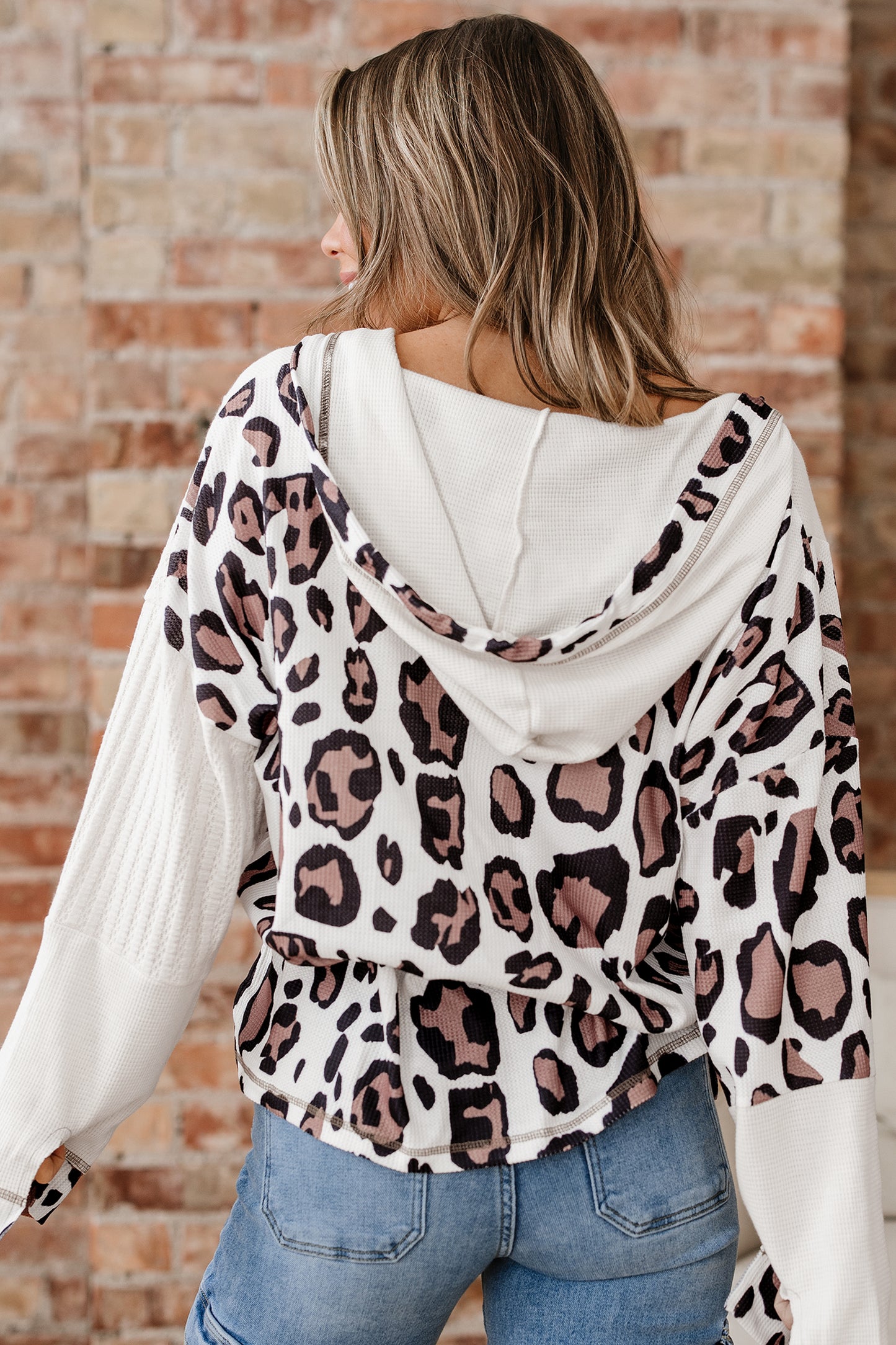 Leopard Contrast Patchwork Zip-Up Drop Shoulder Hoodie in Cream