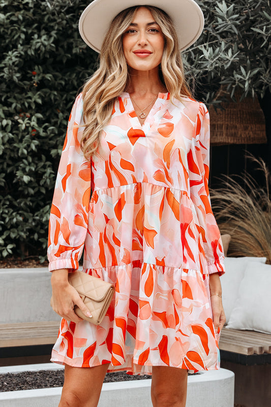 Orange Abstract Print Long Sleeve Midi Dress Women S–XL