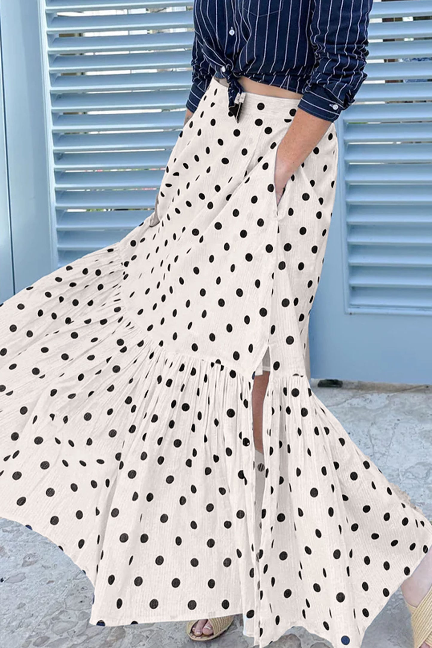White Polka Dot Ruffle Maxi Skirt Women S–XL