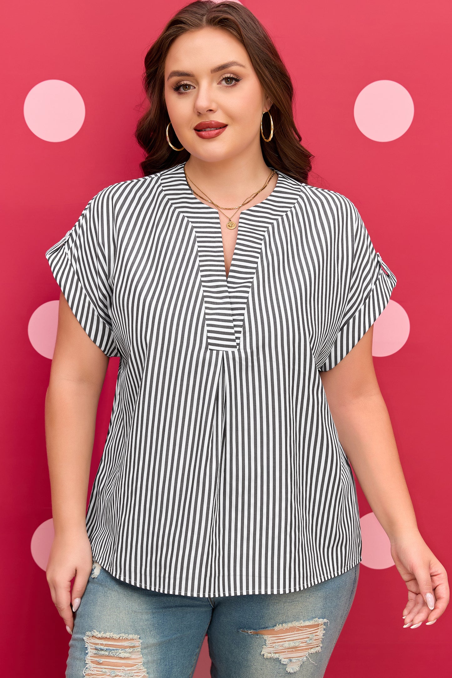 Women's Plus Size Black Striped Short Sleeve Blouse 1X–4X