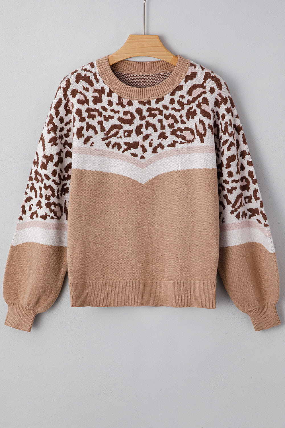 Leopard Colorblock Puff Sleeve Knit Pullover Sweater | Khaki