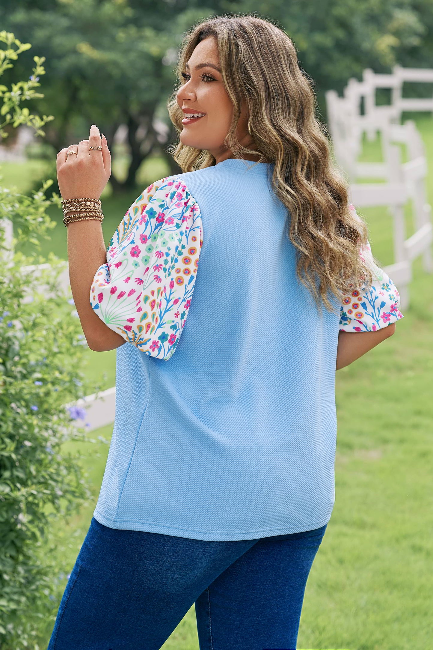 Womens Plus Size Light Blue Floral Sleeve Top 1X–4X