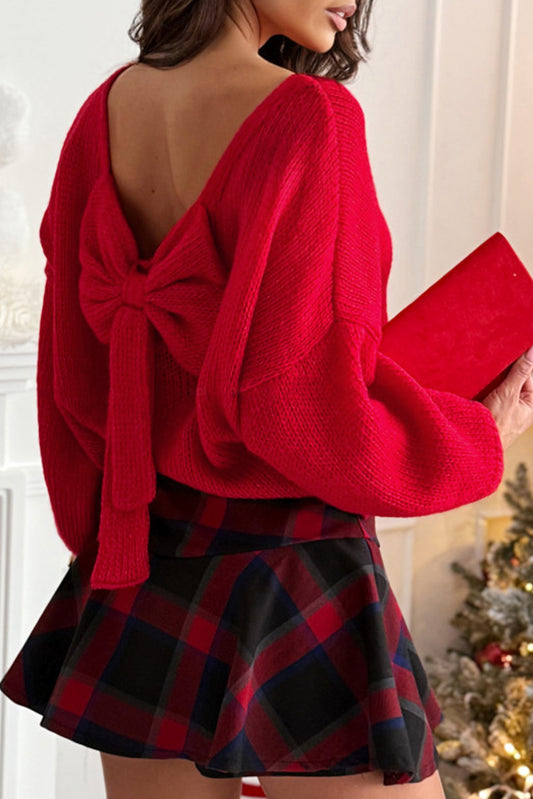 Bow Backless Bubble Sleeve Sweater | Red