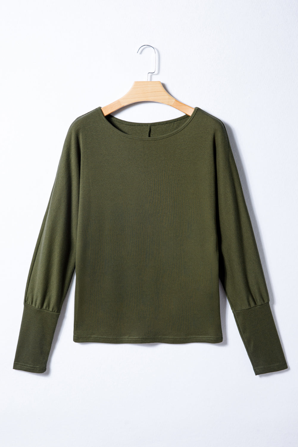Solid Color Extended Cuff Long-Sleeve Pullover Top | Khaki Green
