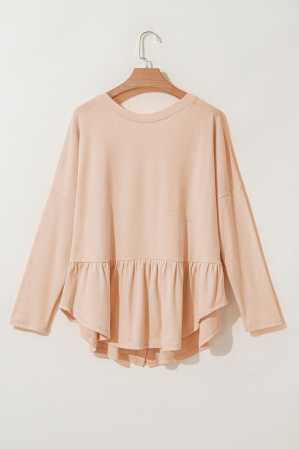 Beige Ruffled Hem Buttoned V-Neck Long Sleeve Shirt