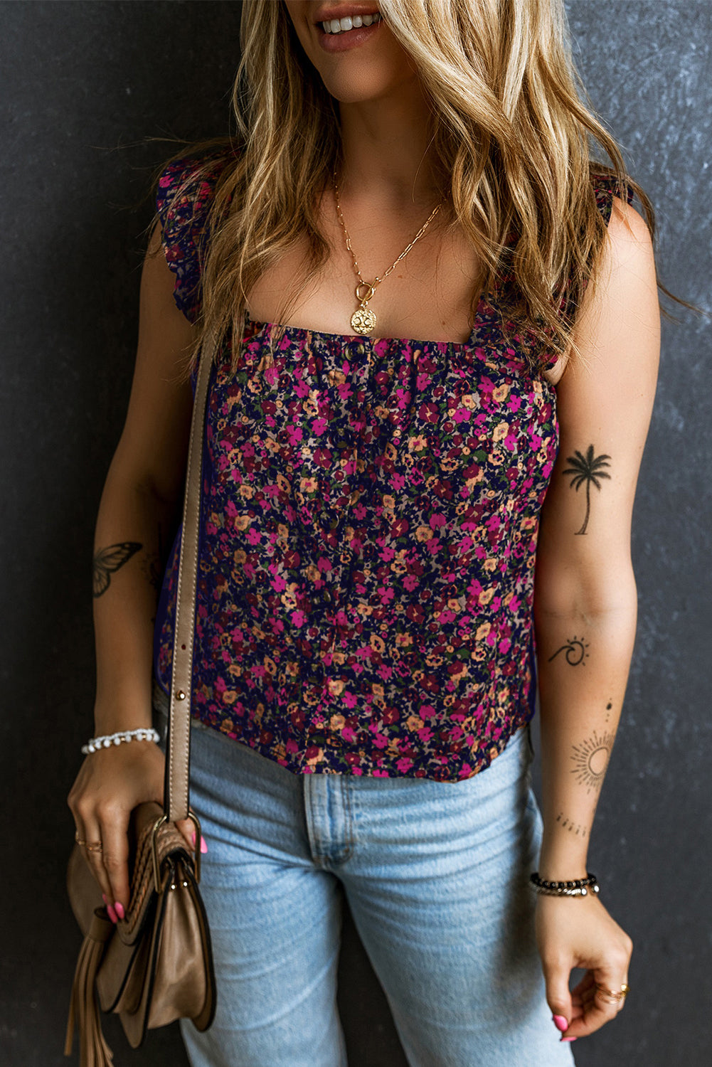 Boho Frilled Strap Floral Tank Top – Rose Women S–XL