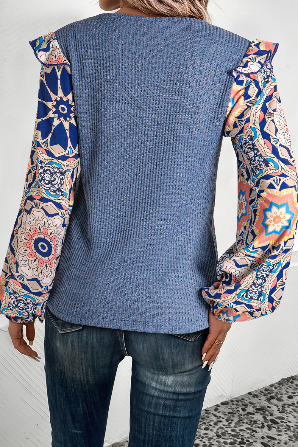 Ruffled Floral Sleeve Waffle Knit Blouse – Blue & Coffee Women S–XL