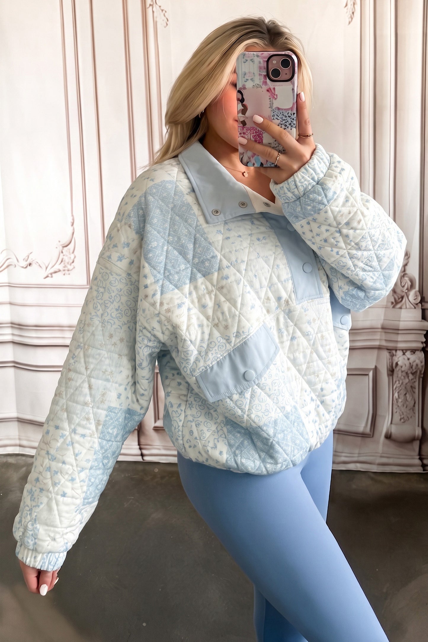 Women's Floral Quilted Button Pullover Sweatshirt S to XL