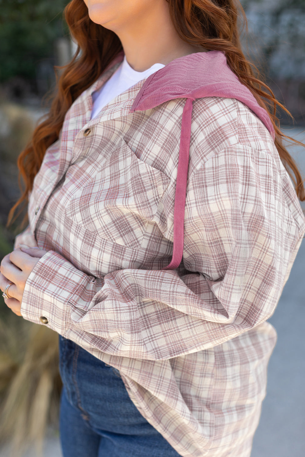 Plaid Print Drawstring Hooded Shirt | Bonbon | 1X–4X