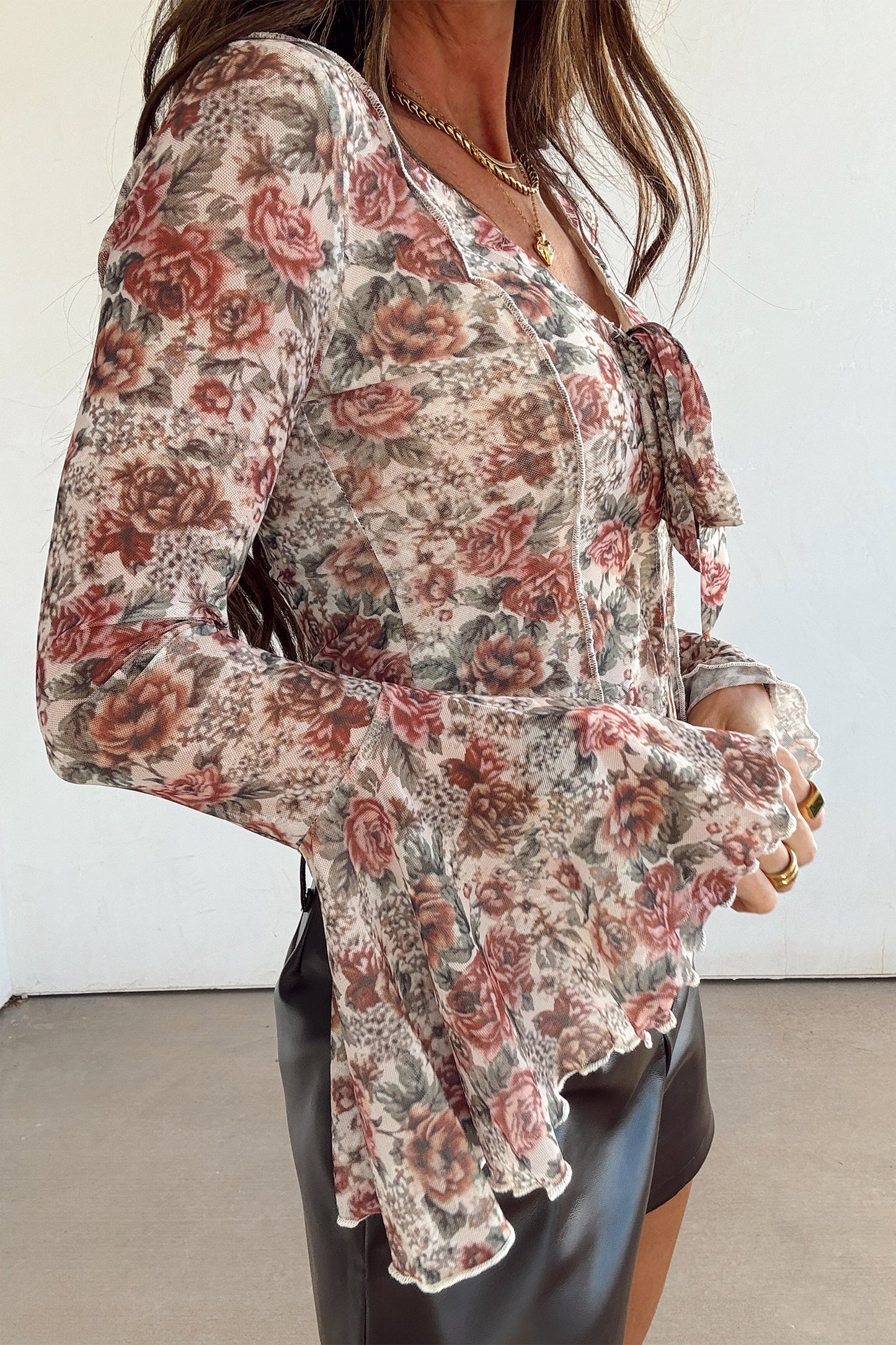 Floral Print Tie Front V-Neck Bell Sleeve Blouse – Women S–XL