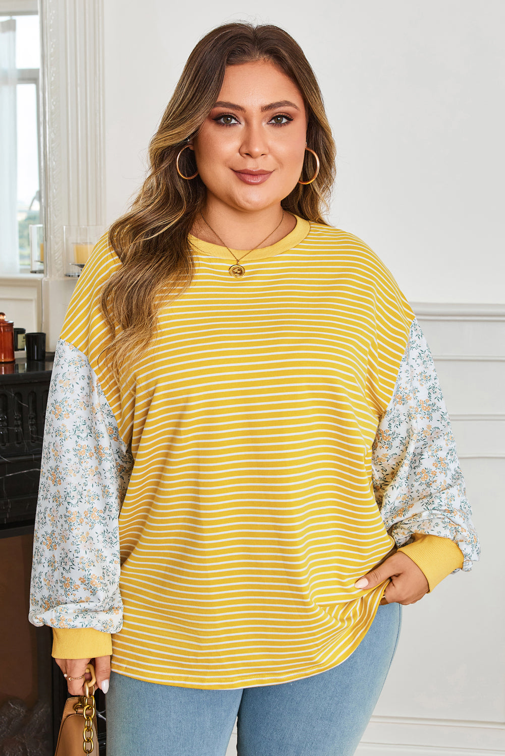 Striped Contrast Floral Sleeve Patchwork Top | Plus Size | Yellow Stripe | 1X–4X