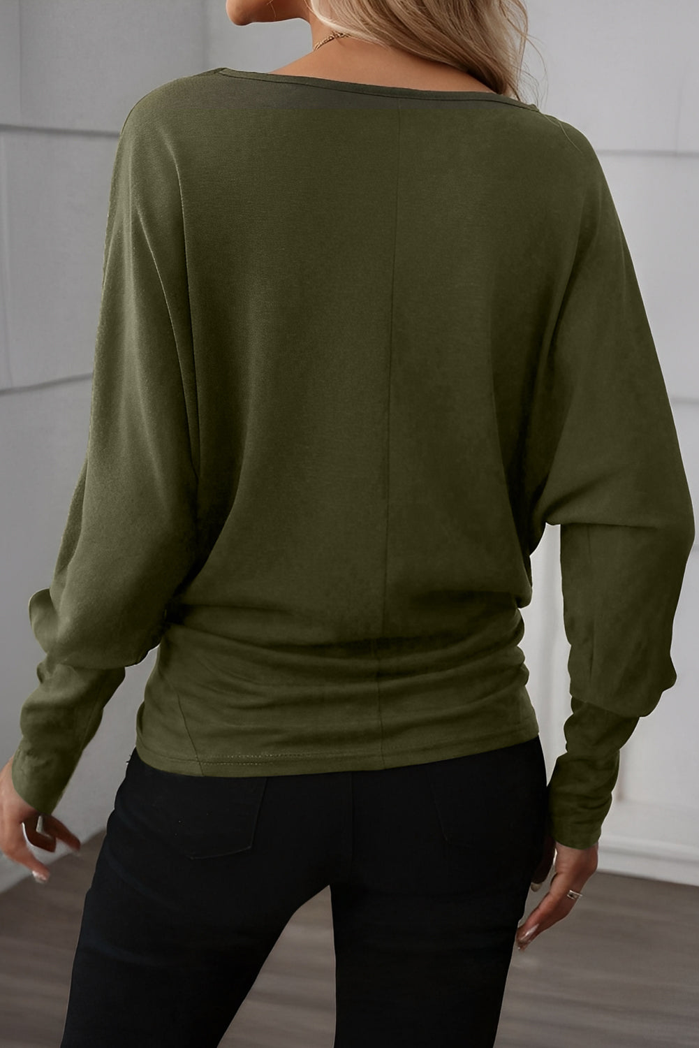 Solid Color Extended Cuff Long-Sleeve Pullover Top | Khaki Green