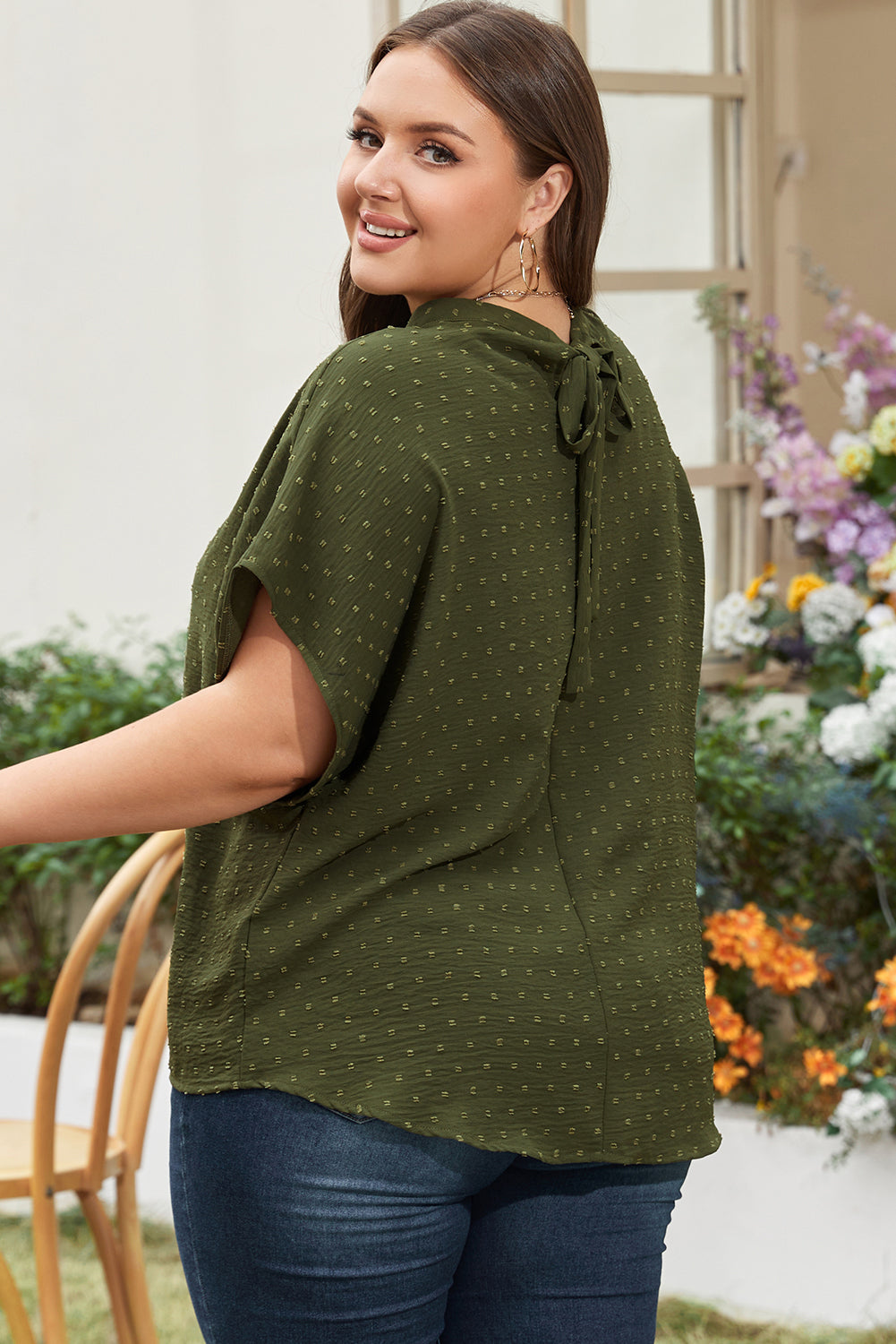 Swiss Dot Mock Neck Tied Nape Top | Plus Size | Moss Green | 1X–3X