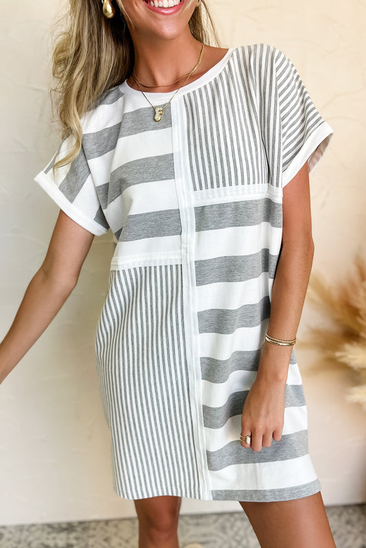 Grey Stripe Mixed Print Short Sleeve Shift Mini Dress | S–XL