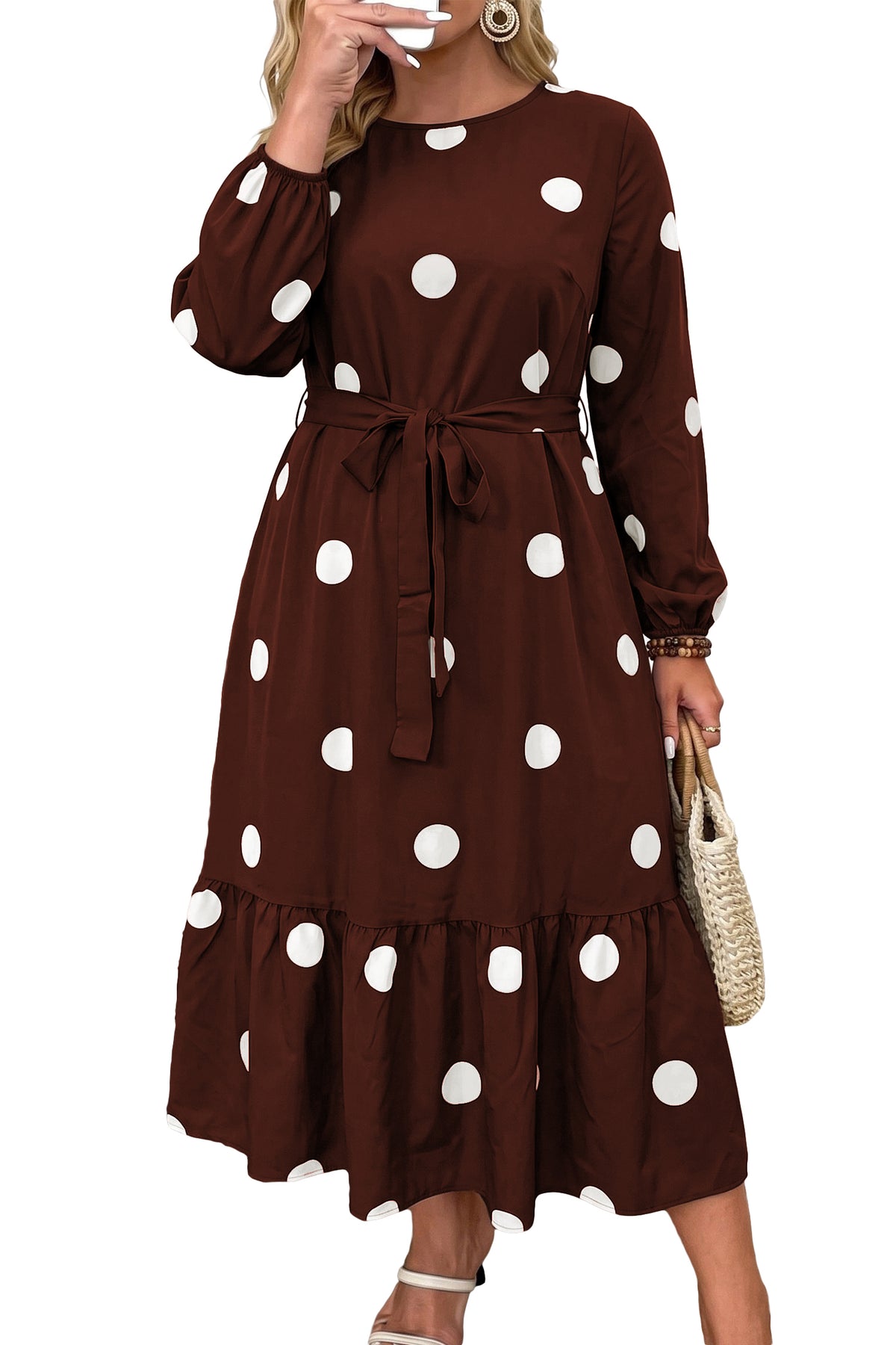 Plus Size Polka Dot Tie Waist Midi Dress Women 1X to 4X