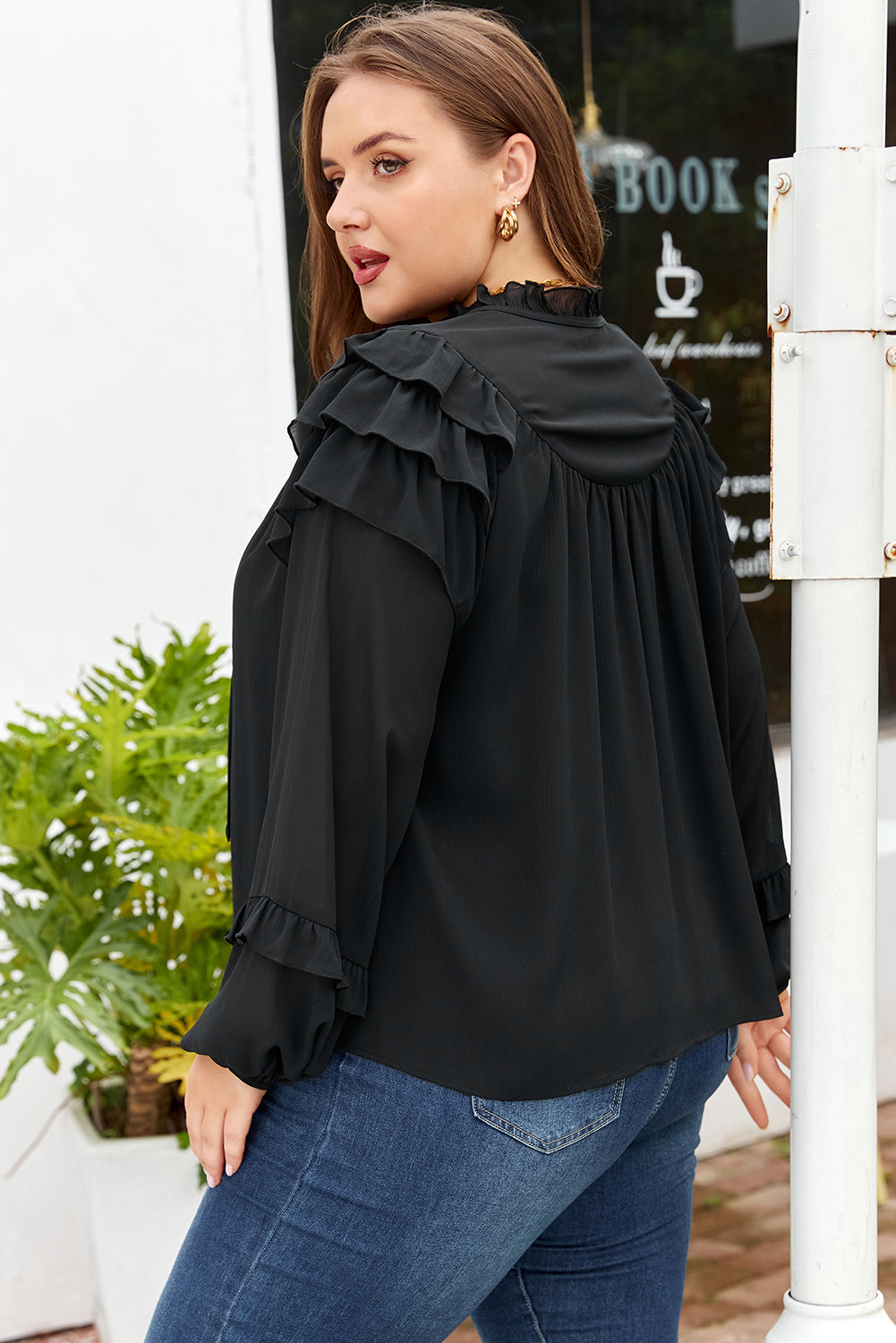 Plus Size Black Chiffon Balloon Sleeve Blouse Women 1X–4X