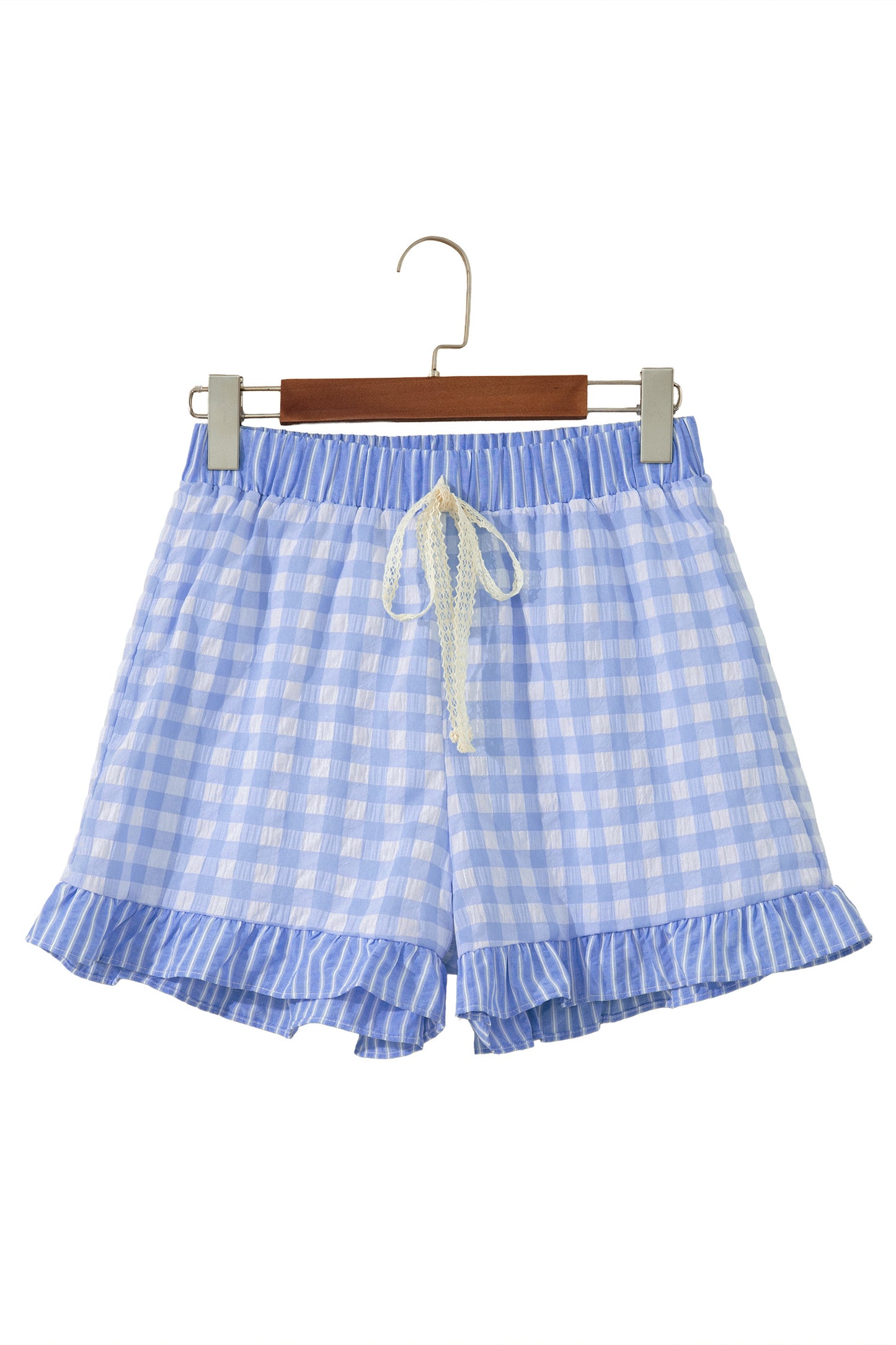 Plaid Print Ruffle Shorts with Striped Detail & Lace Tie | Women S–XL