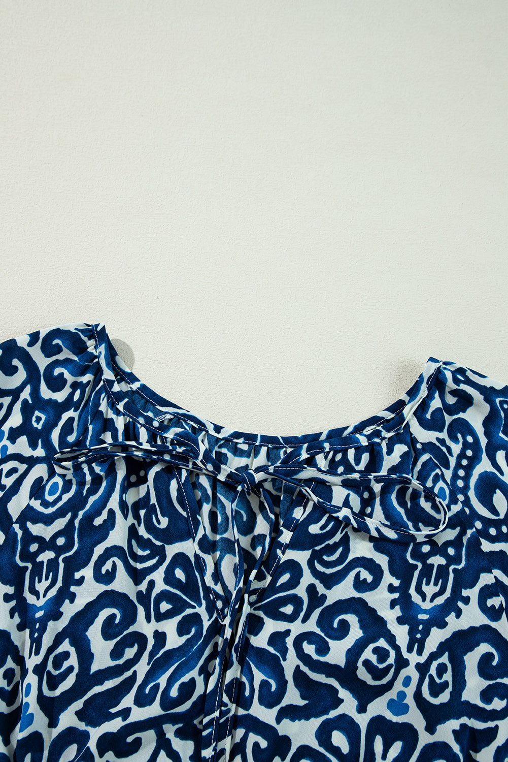Blue Vintage Print Lace-Up V-Neck Long Sleeve Mini Dress