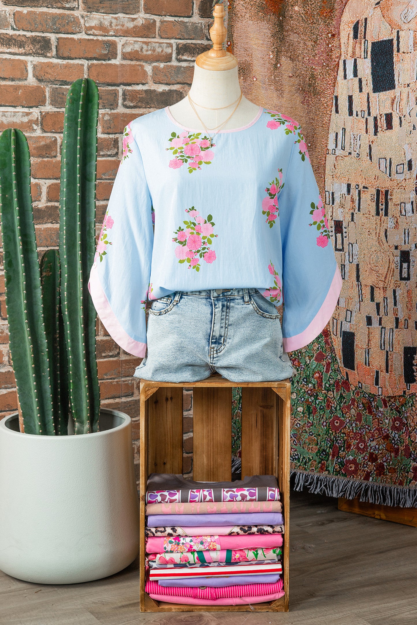 Floral Print 3/4 Sleeve Button Detail Blouse Women S–XL