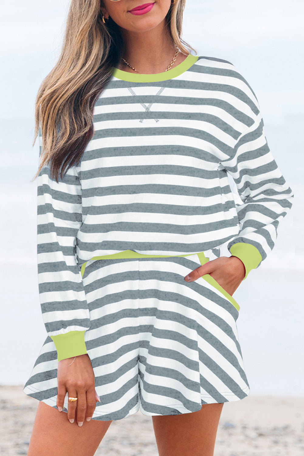 Black Stripe Gray Stripe Contrast Ribbed Banding Long Sleeve Blouse Loose Shorts Set