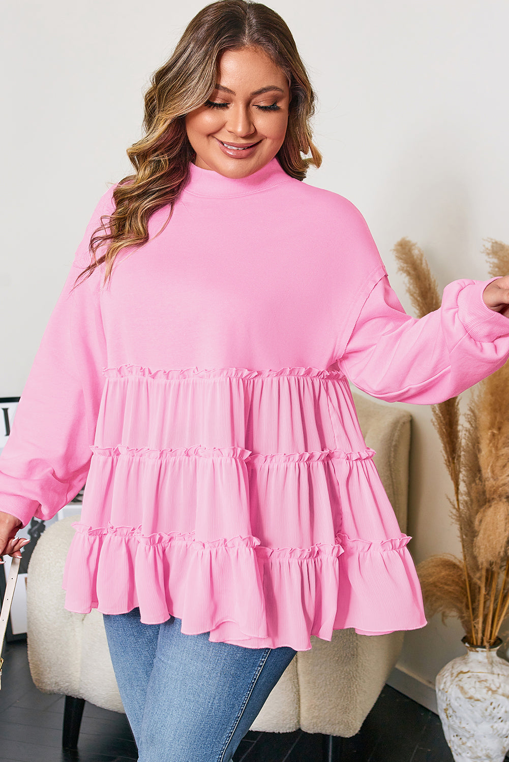 Tiered Ruffle Baby Doll Top – Plus Size Pink 1X–4X