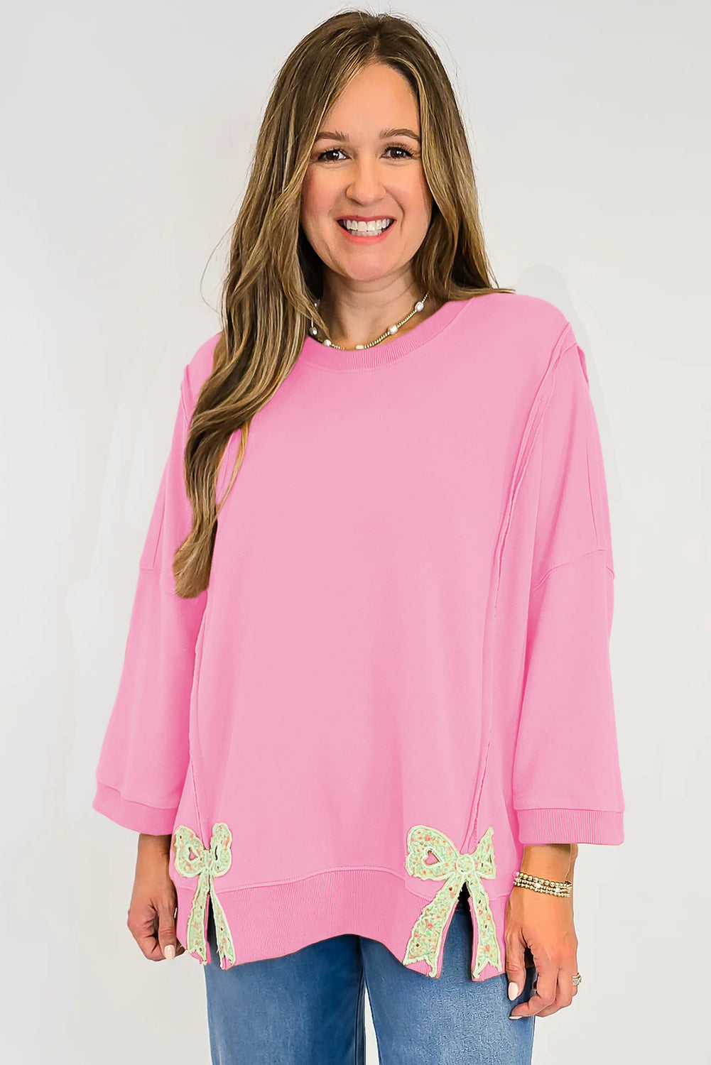 Floral Bow Patch Baggy Sweatshirt in Pink