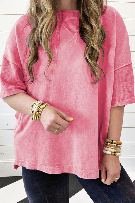Mineral Wash Patchwork Drop Sleeve Tee | Plus Size | Strawberry Pink | 1X–3X