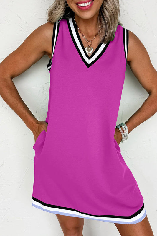 Contrast Stripe Trim V-Neck Sleeveless Shift Mini Dress in Purple Orchid