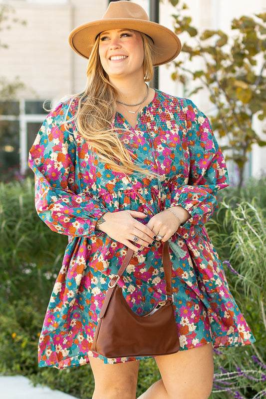 Multicolour Floral Print Shirred Ruffle Tiered Plus Size Mini Dress
