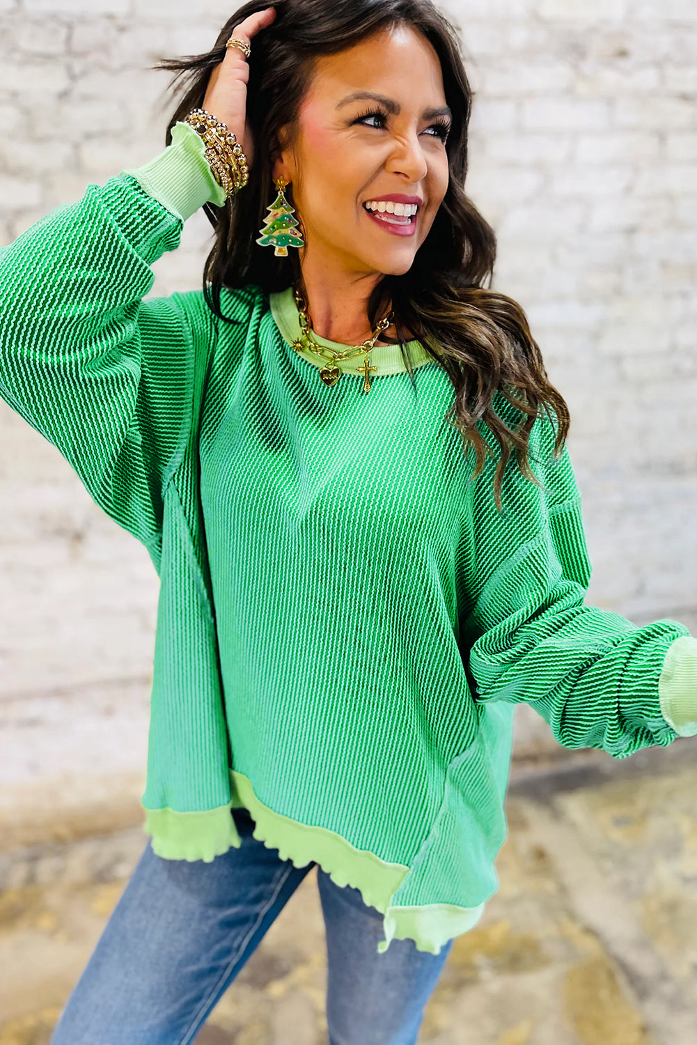 Bright Green Twisted Rib Drop Shoulder Uneven Hem Knit Top Women S-XL
