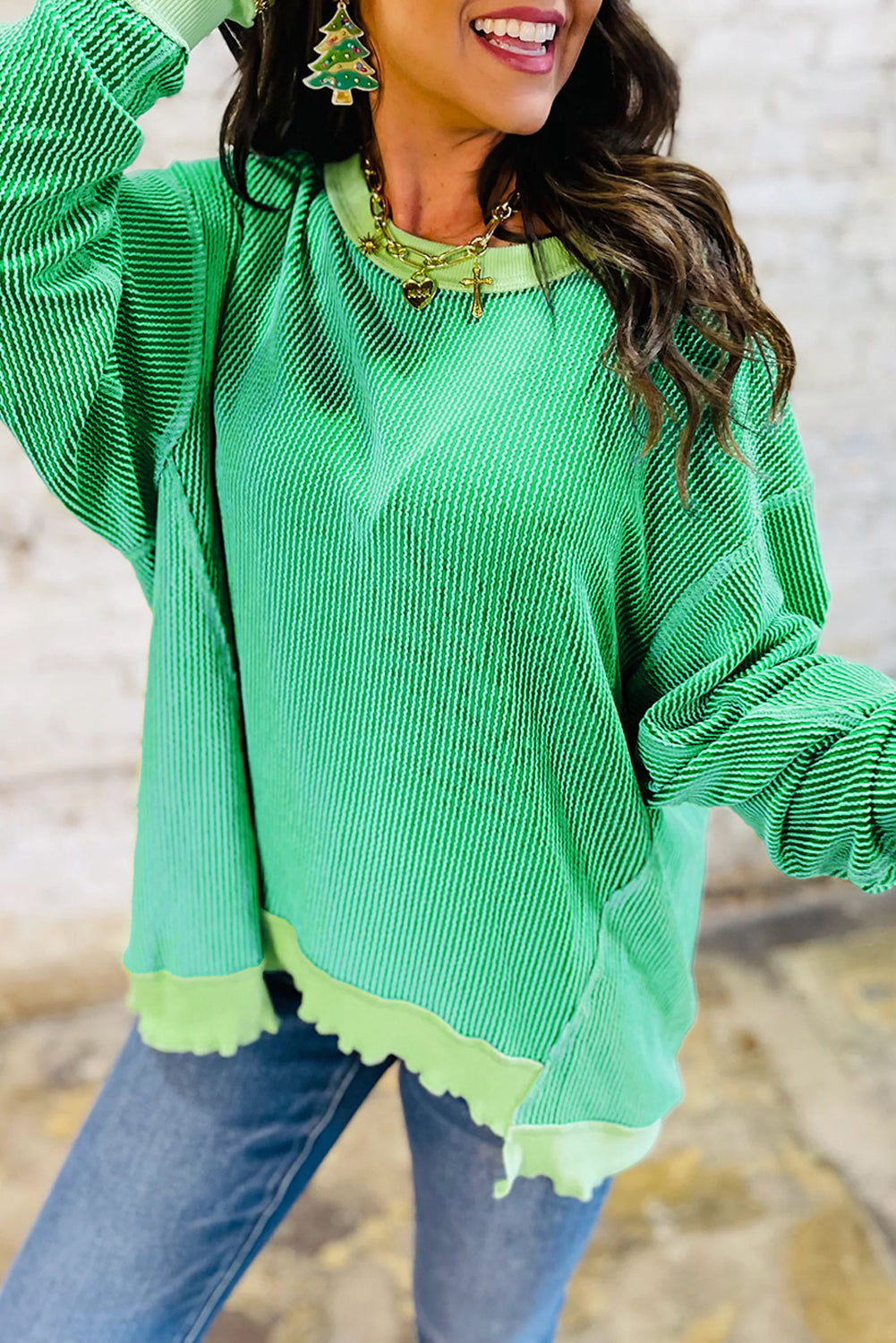 Bright Green Twisted Rib Drop Shoulder Uneven Hem Knit Top Women S-XL
