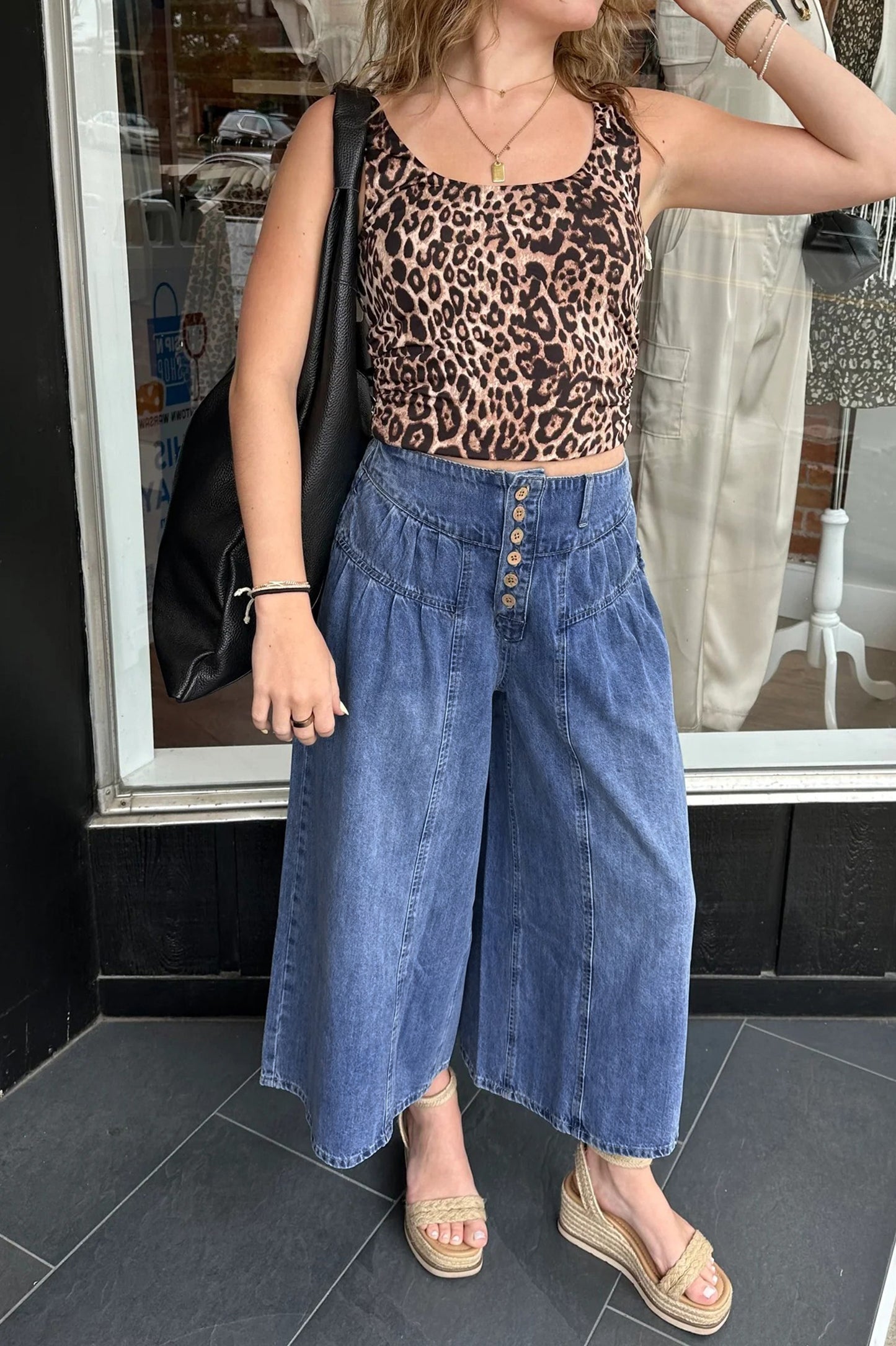 High-Rise Pleated Wide-Leg Cropped Denim Jeans | Dusk Blue