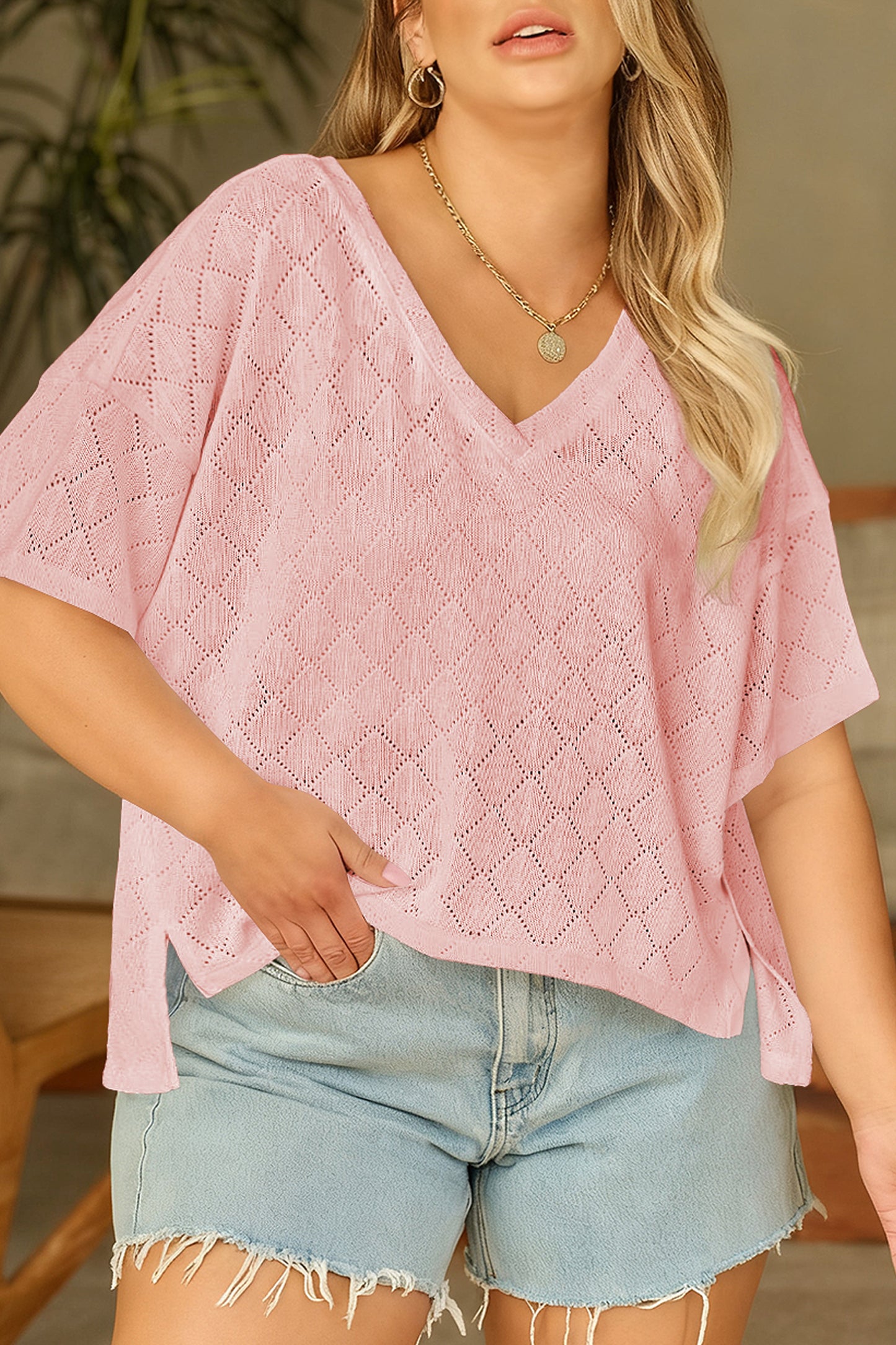 Lightweight Knit V-Neck Short Sleeve Top – Plus Size Black Light Pink Beige Blue L–4X