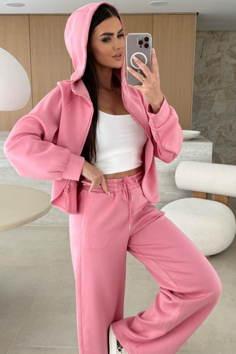 Zip-Up Hoodie & Drawstring Pants Tracksuit Set in Pink
