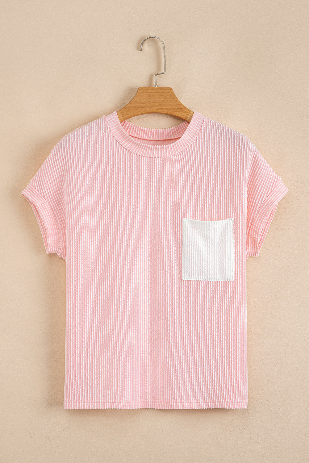 Corded Knit Color Block Pocketed Crew Neck Tee