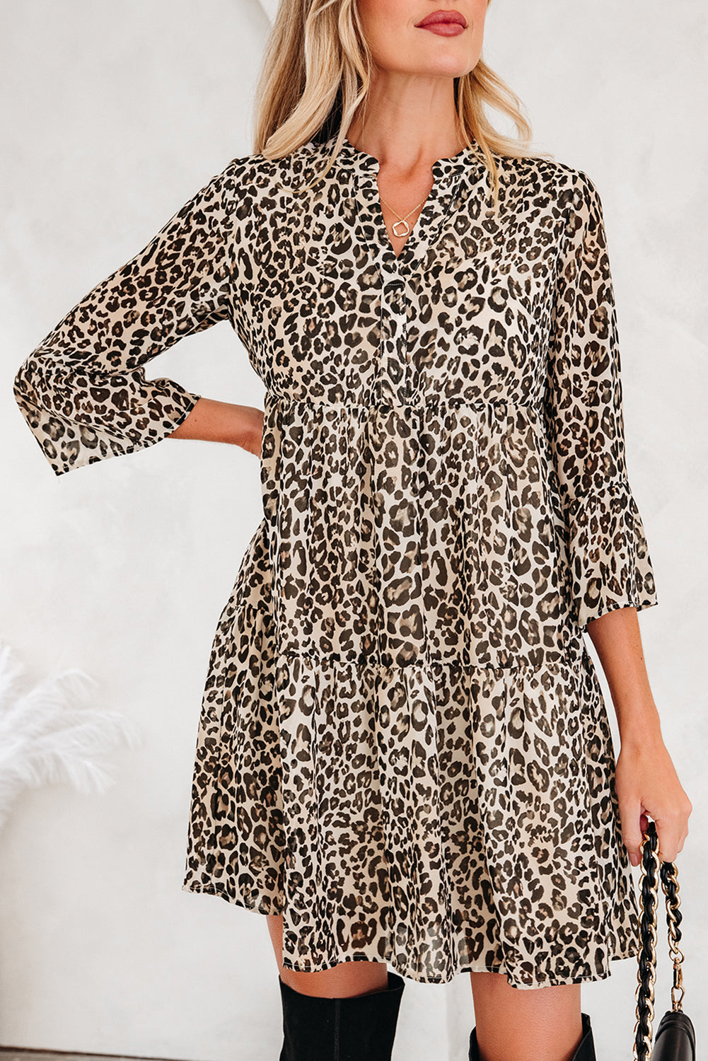 Khaki Leopard Print 3/4 Sleeve Split V-Neck Swing Dress