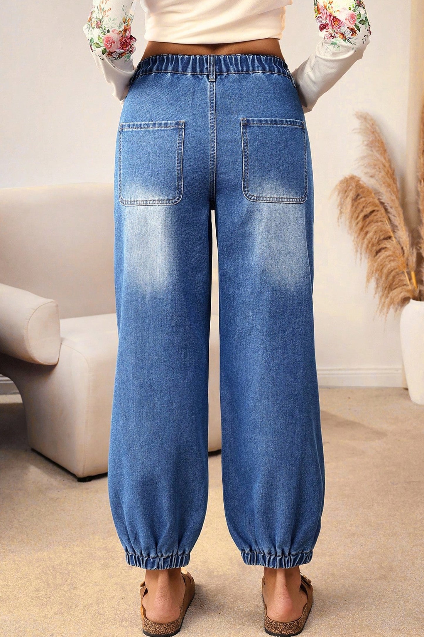 Tapered Relaxed-Fit Jeans with Elastic Cuffs | Blue